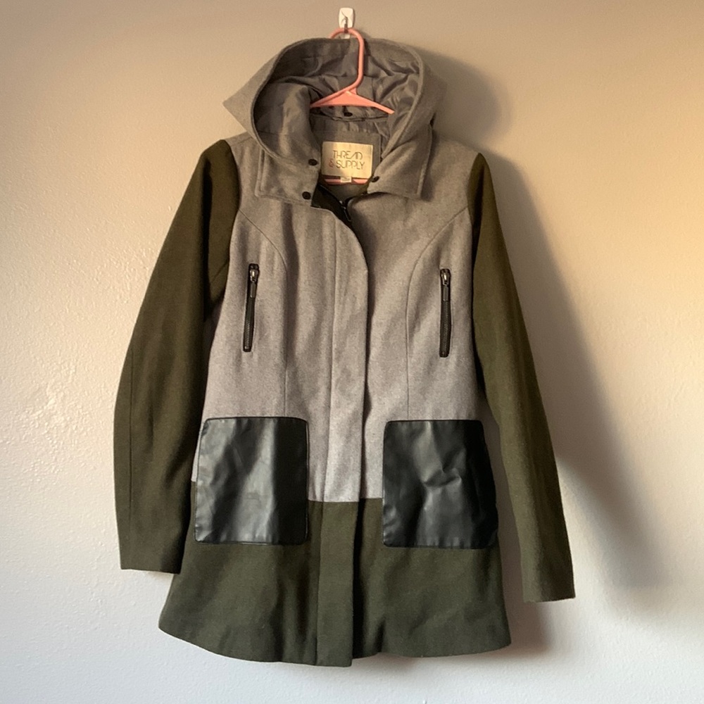 Thread and Supply Army Green & Grey Hooded Peacoat